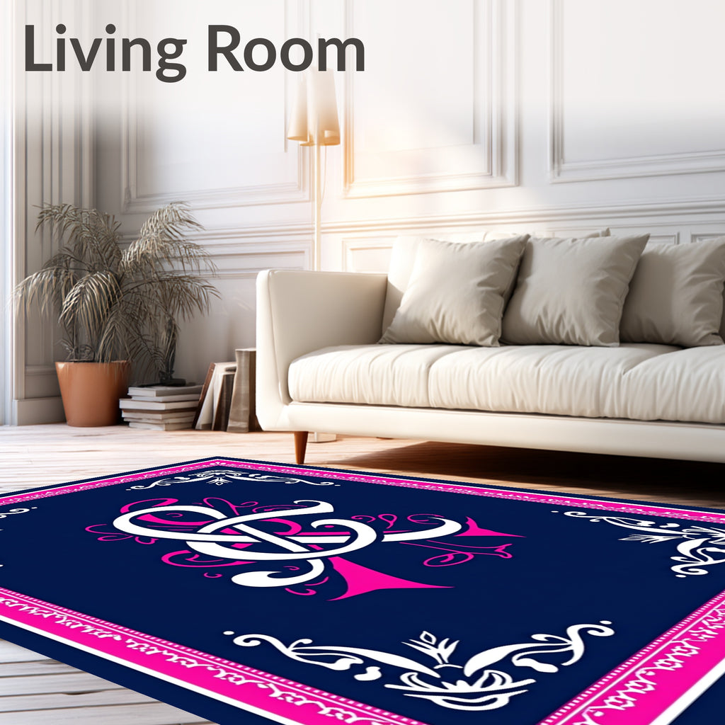 Ornate Navy Pink Monogrammed Emblem Rug