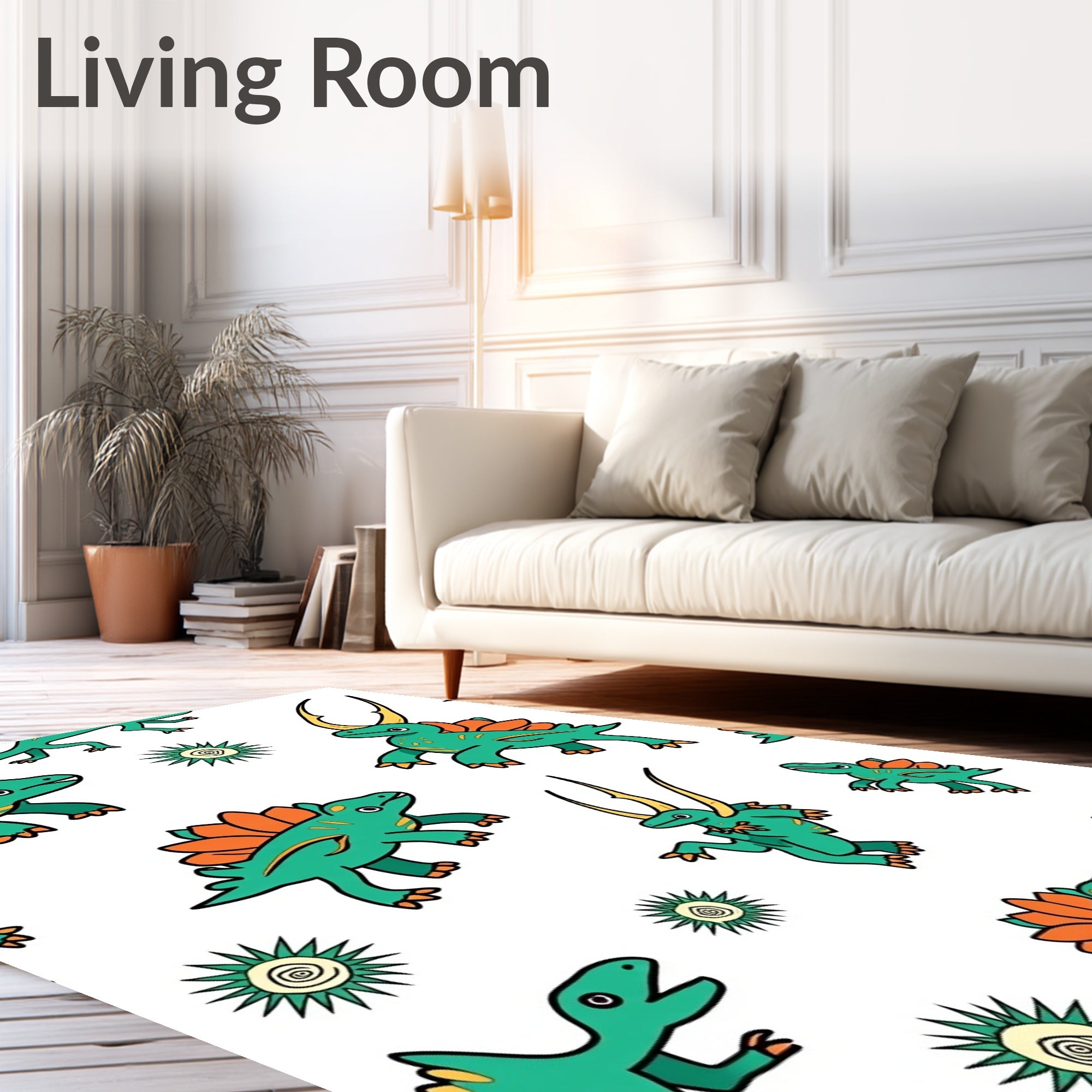 Whimsical Green Orange Dinosaur Friends Rug