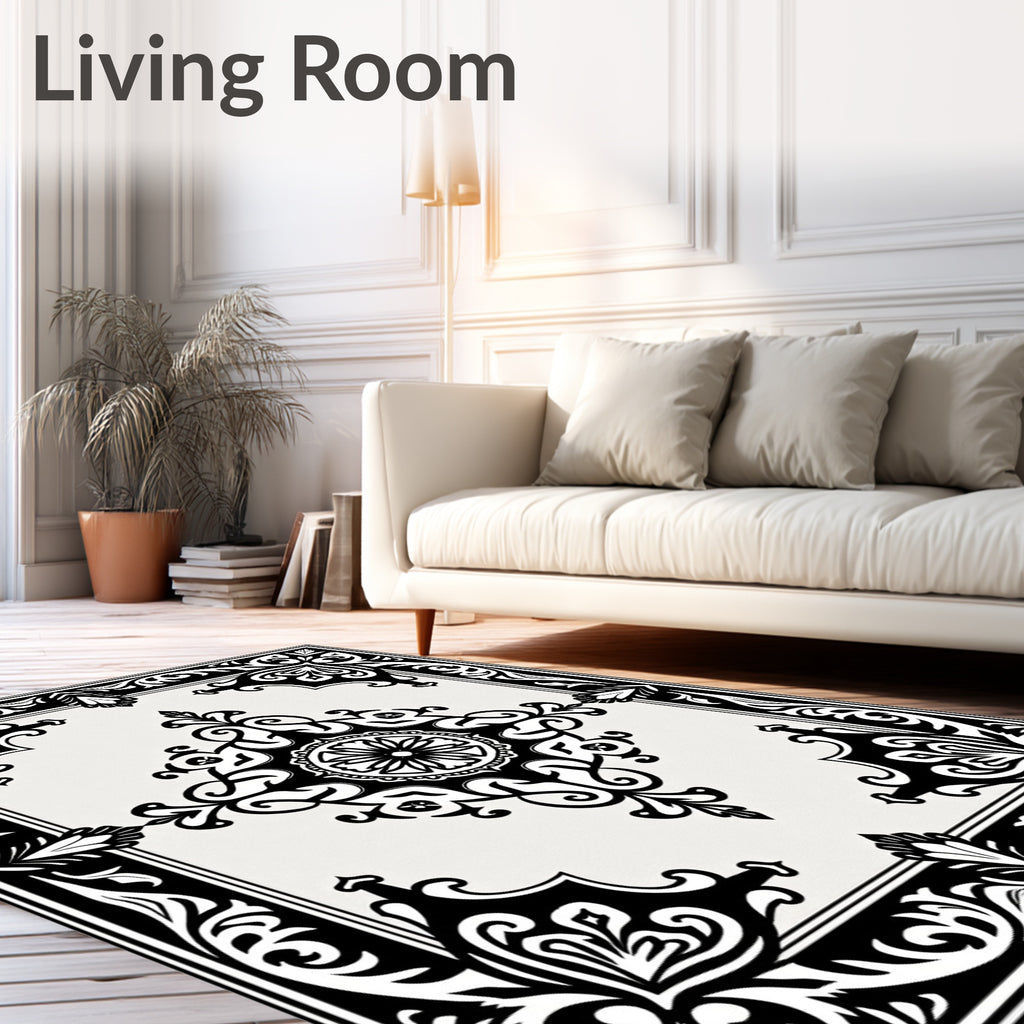 Classic Black White Medallion Floral Rug