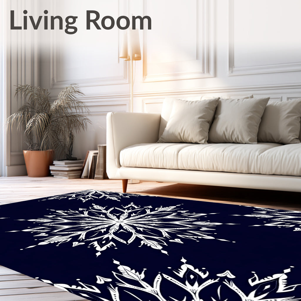 White Snowflake Mandala Dark Navy Rug