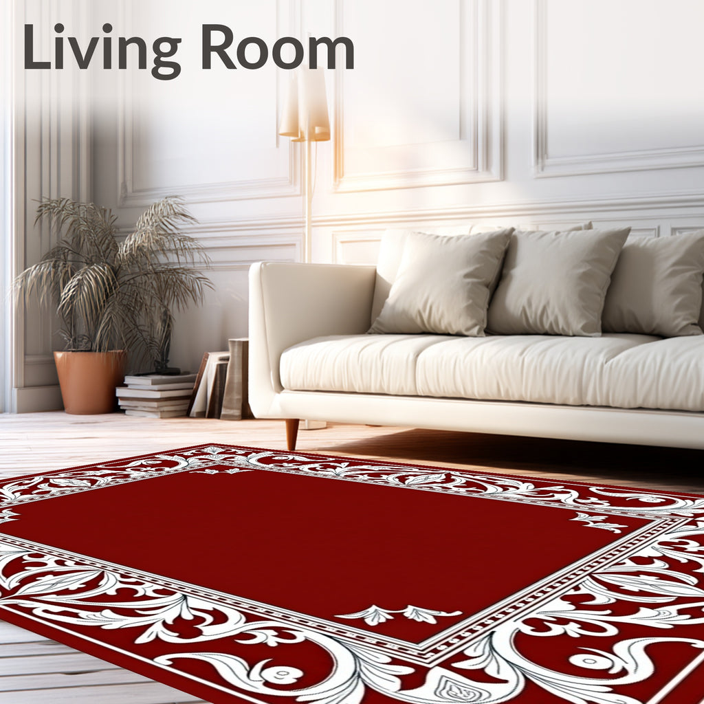 Crimson White Floral Border Rug