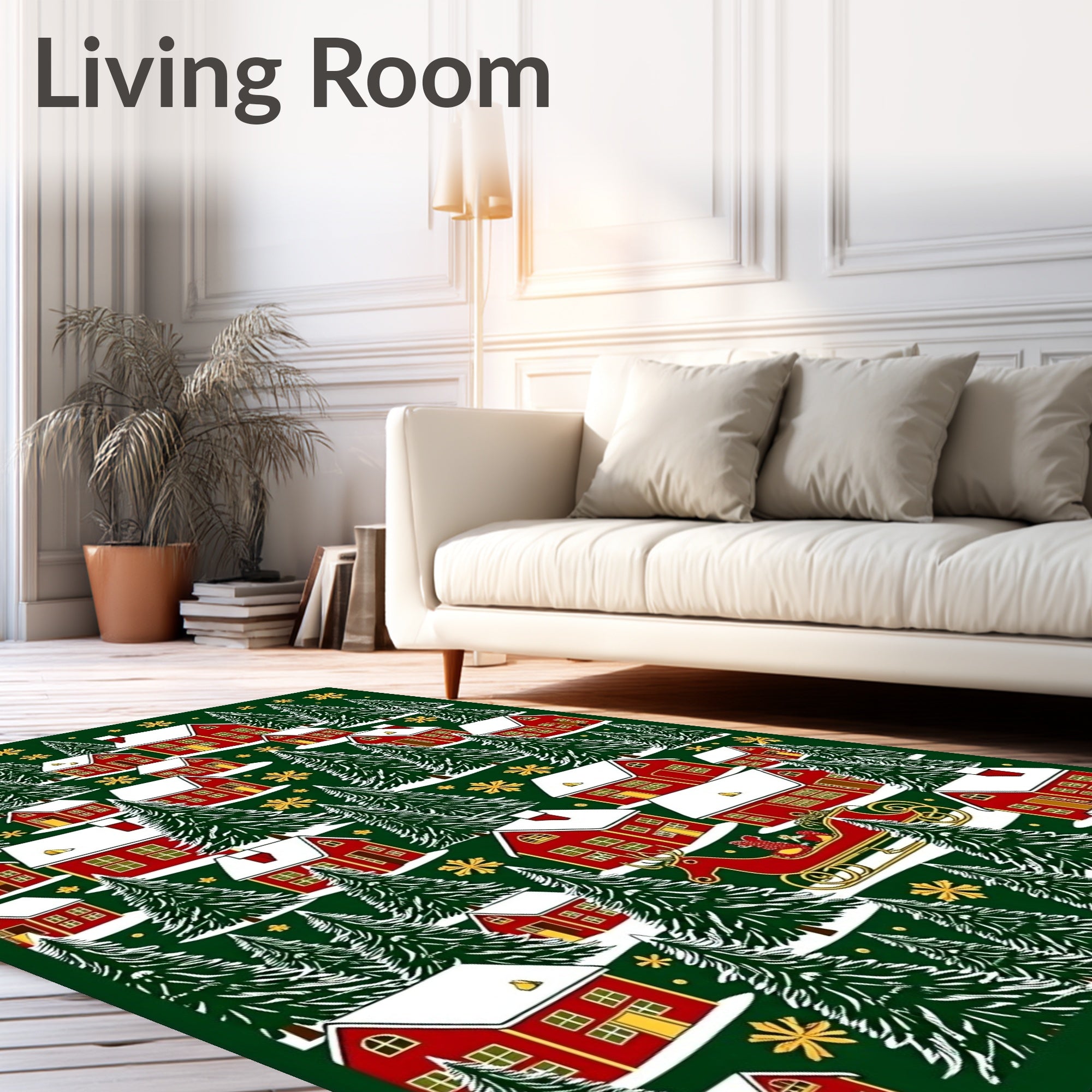 Red Village Snowy Christmas Trees Sleigh Rug