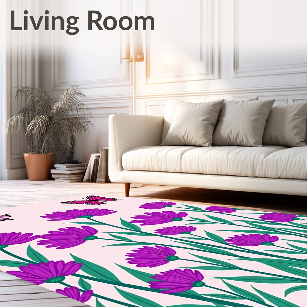 Vibrant Pink Butterfly Purple Floral Rug