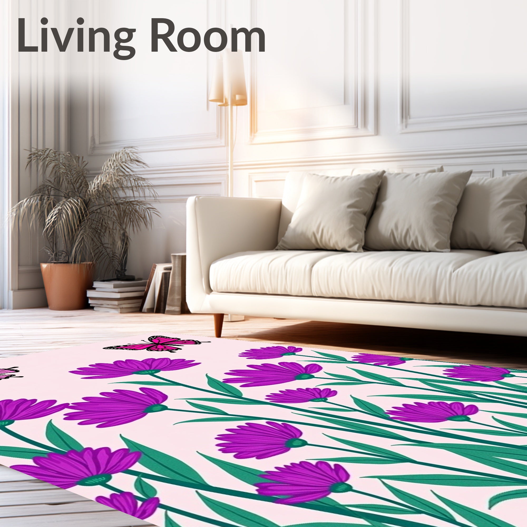 Vibrant Pink Butterfly Purple Floral Rug