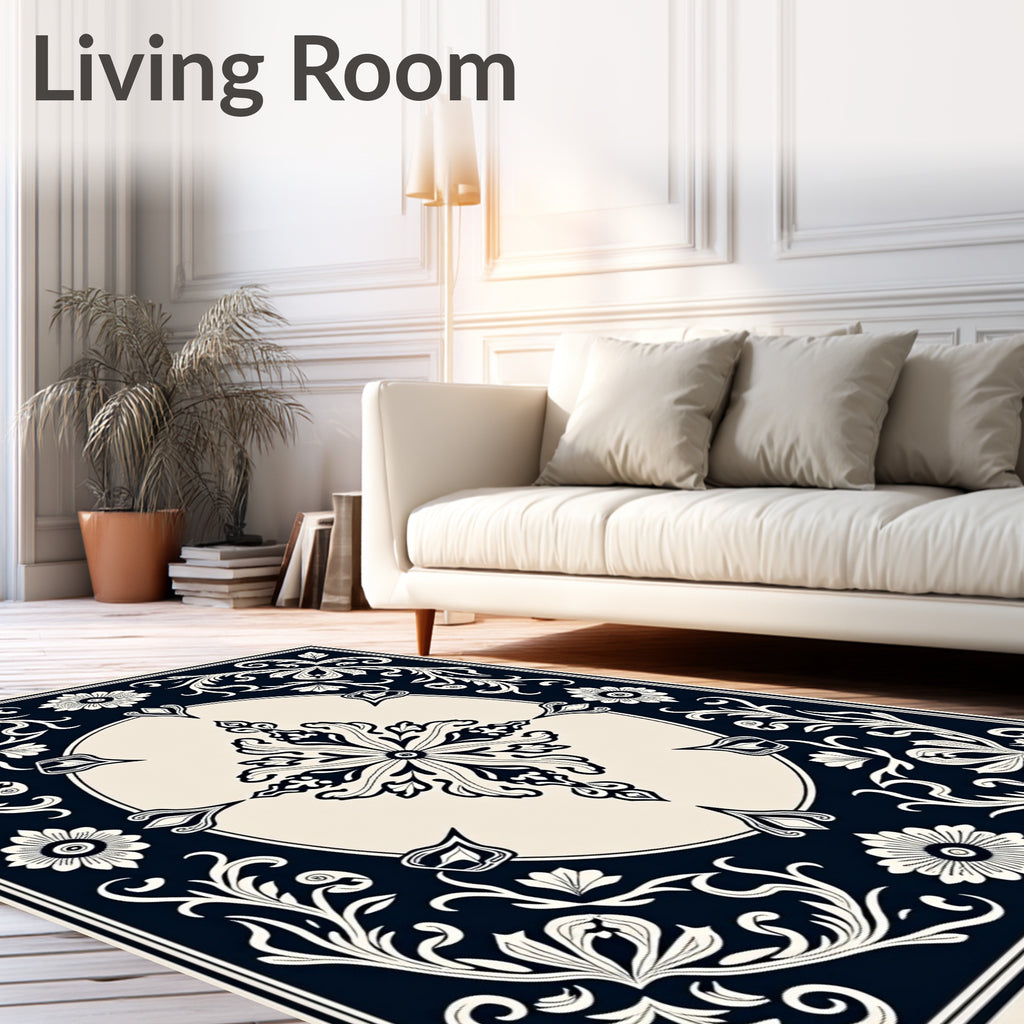 Dark Navy Cream Floral Medallion Border Rug