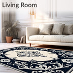Dark Navy Cream Floral Medallion Border Rug