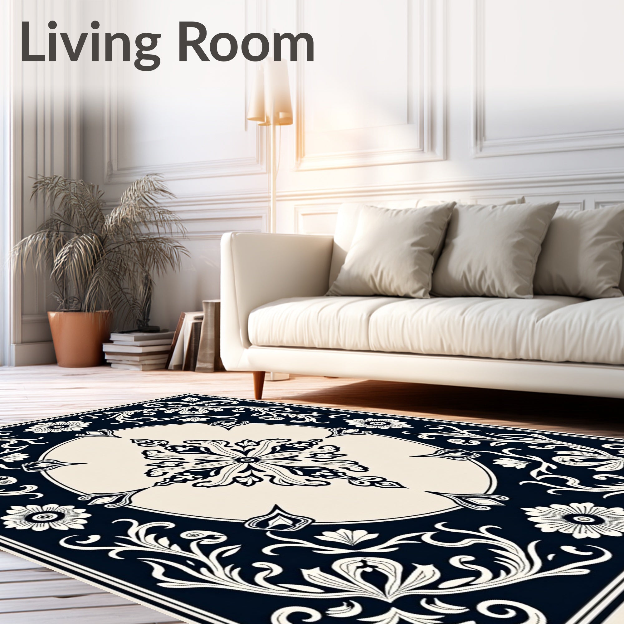 Dark Navy Cream Floral Medallion Border Rug