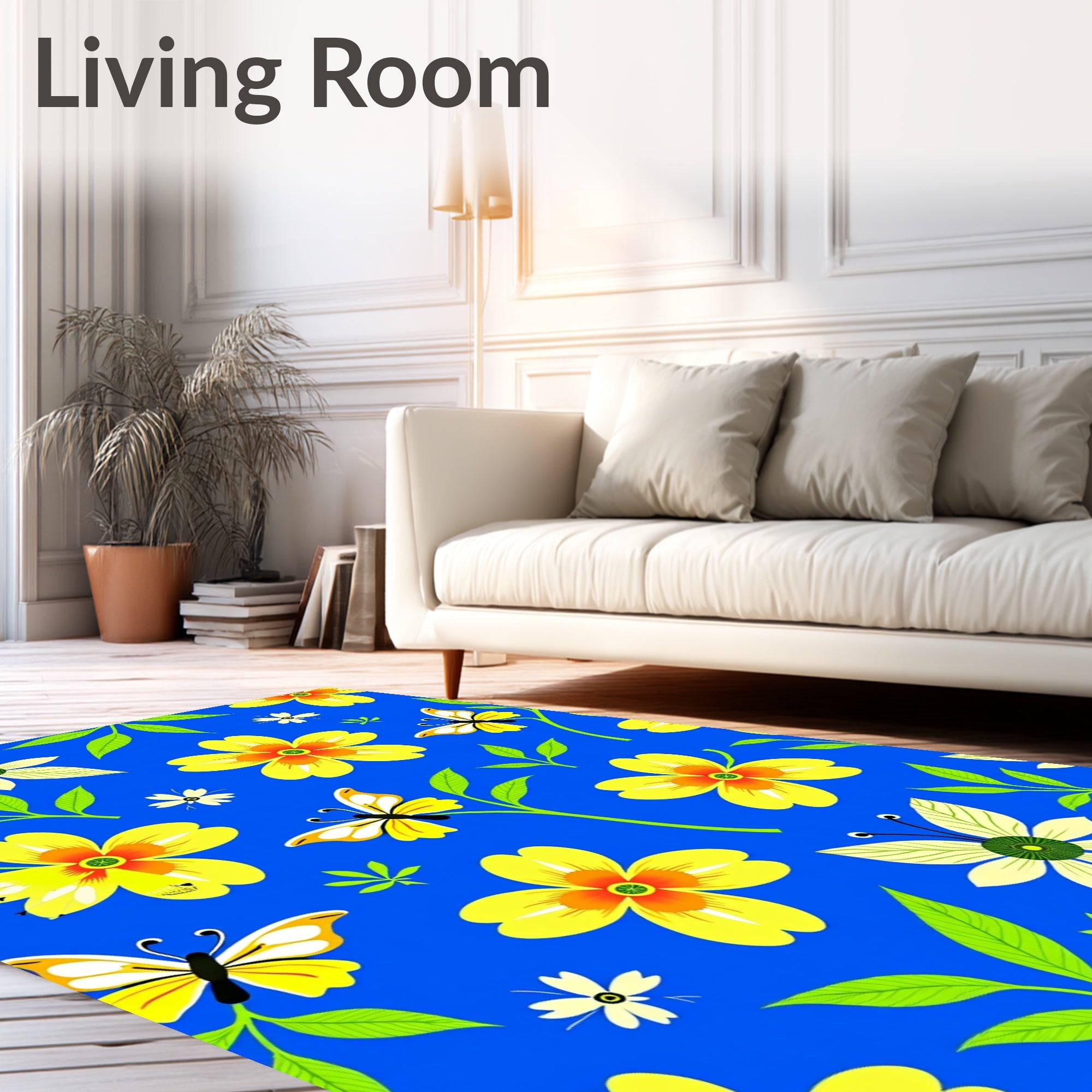 Vibrant Yellow Flowers Butterflies Garden Rug