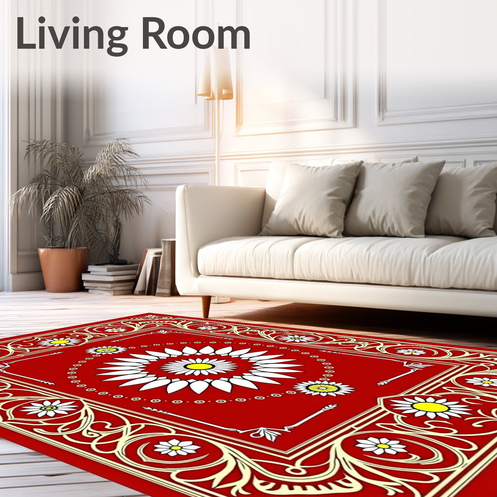 Crimson Floral Rays Medallion Rug