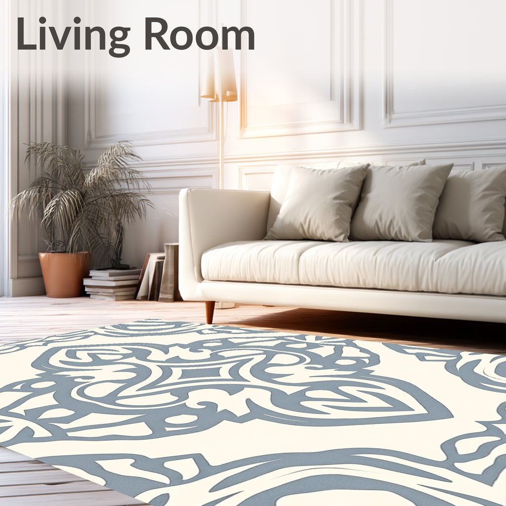 Cream and Blue Ornamental Scrollwork Rug