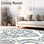 Cream and Blue Ornamental Scrollwork Rug