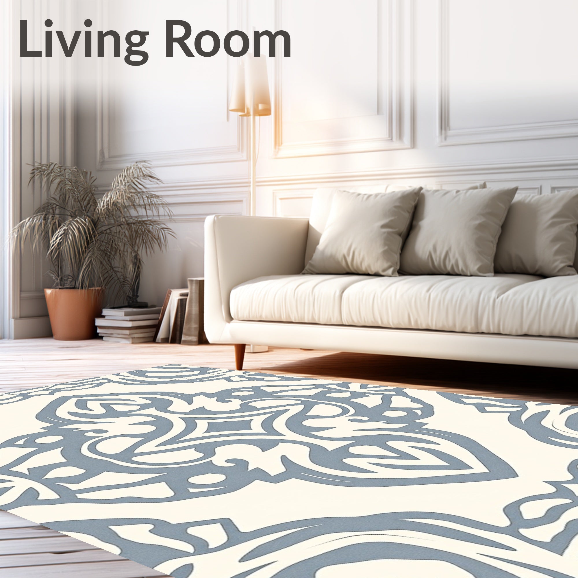Cream and Blue Ornamental Scrollwork Rug