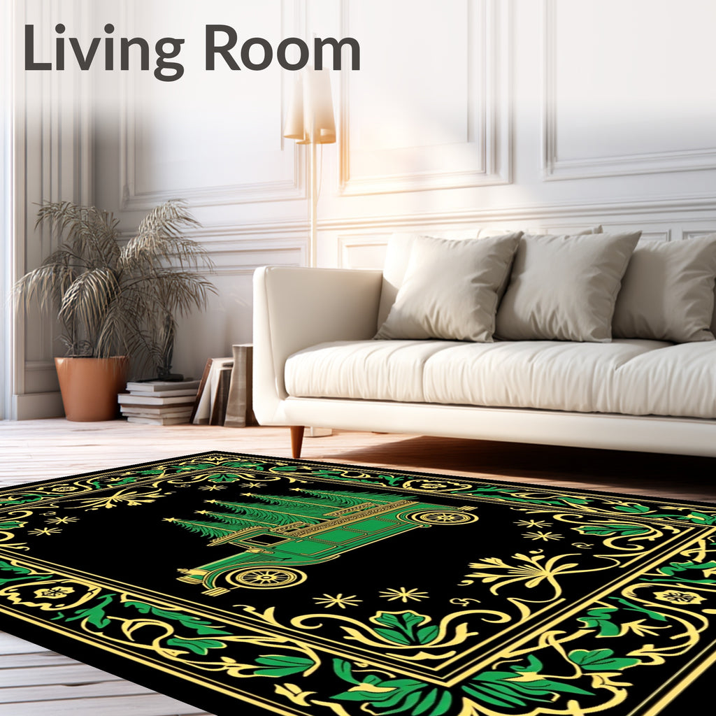 Vintage Green Truck Christmas Trees Scrollwork Rug