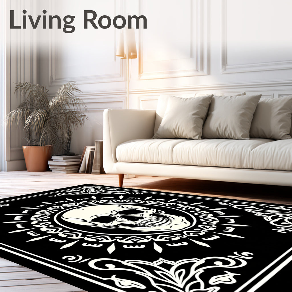 Black Cream Skull Mandala Floral Rug