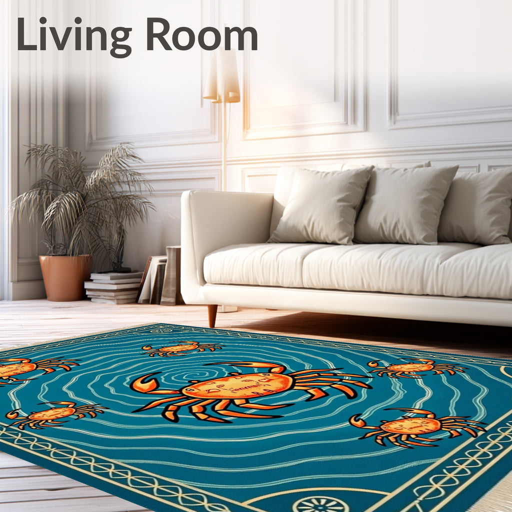 Orange Crabs Amidst Blue Swirling Waves Rug