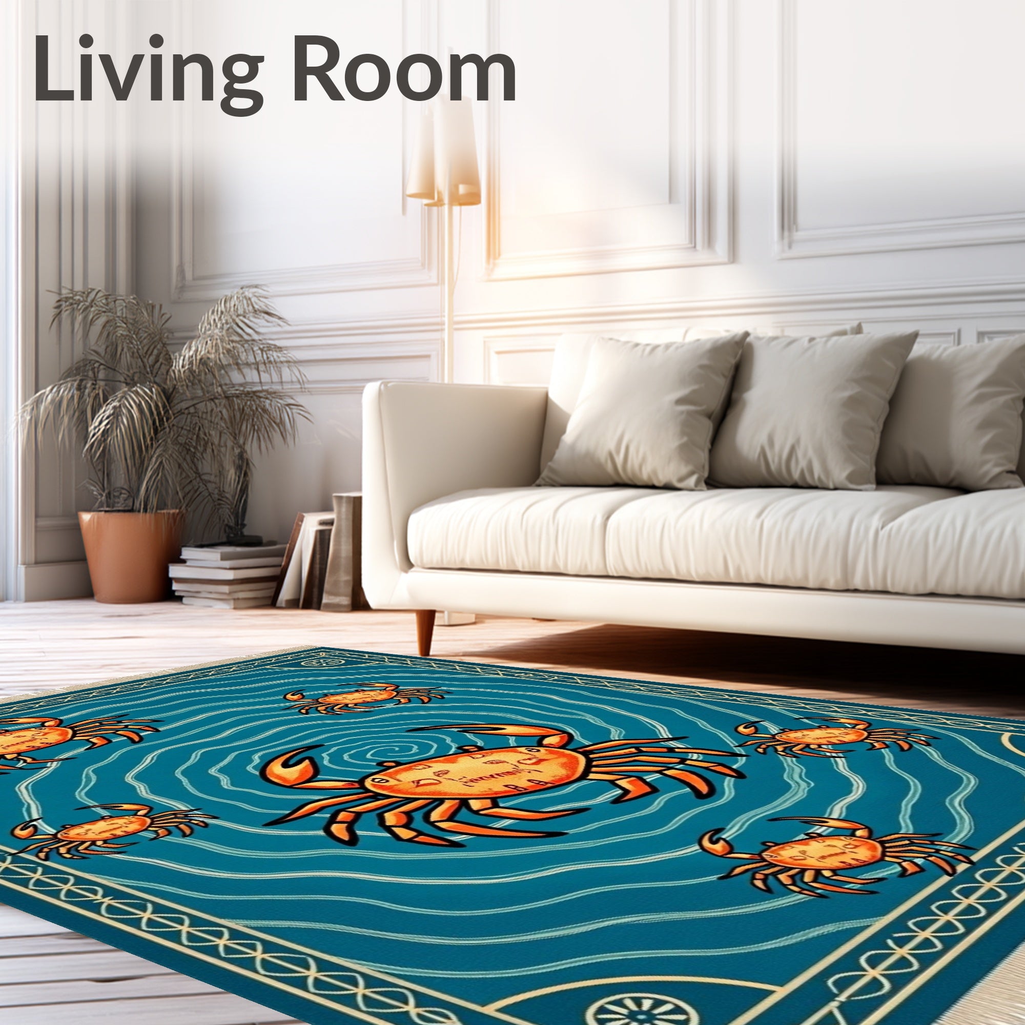 Orange Crabs Amidst Blue Swirling Waves Rug