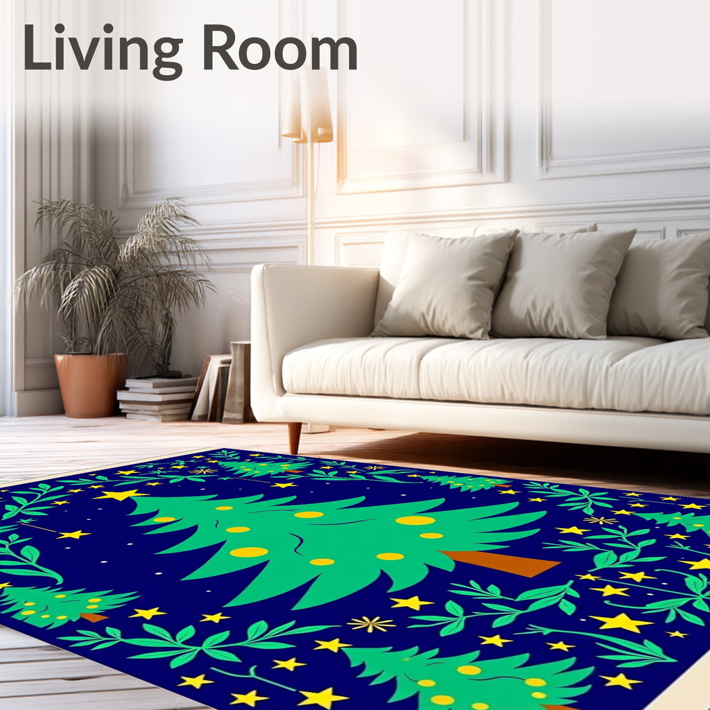 Festive Christmas Trees Yellow Star Garland Rug