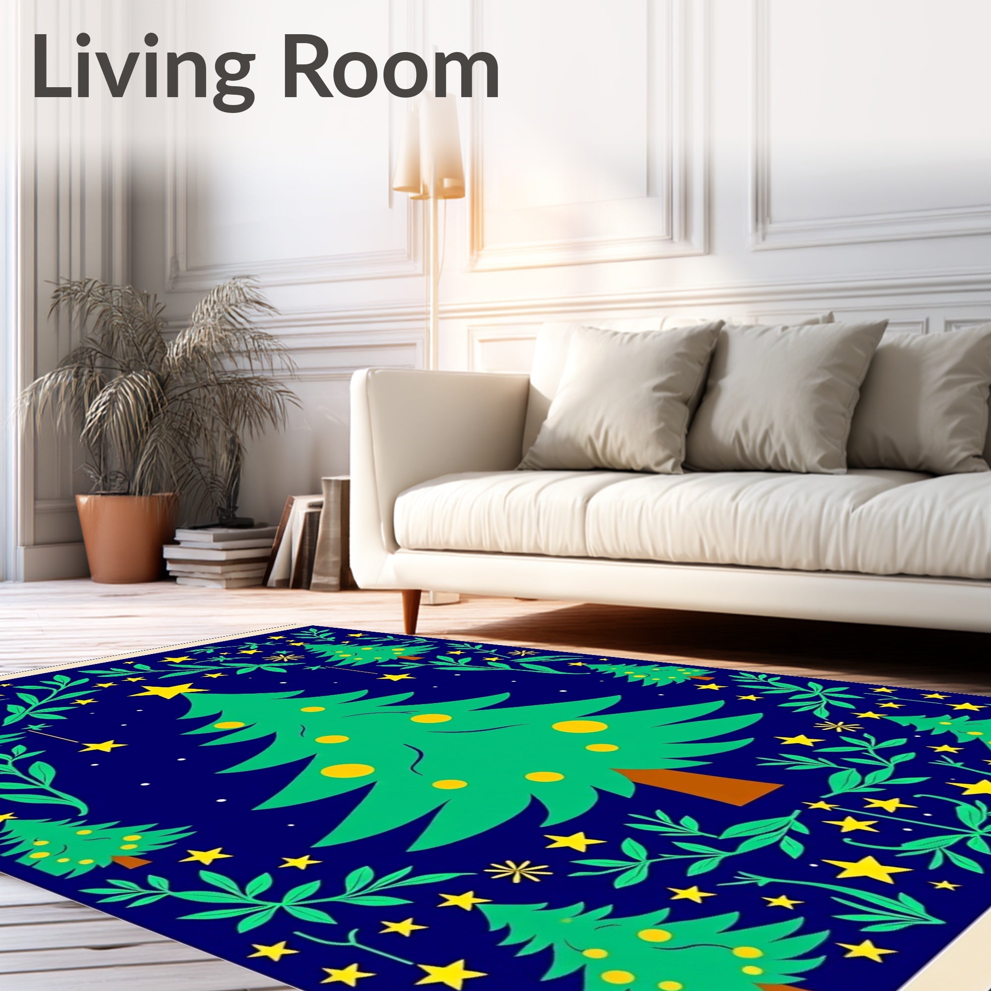 Festive Christmas Trees Yellow Star Garland Rug