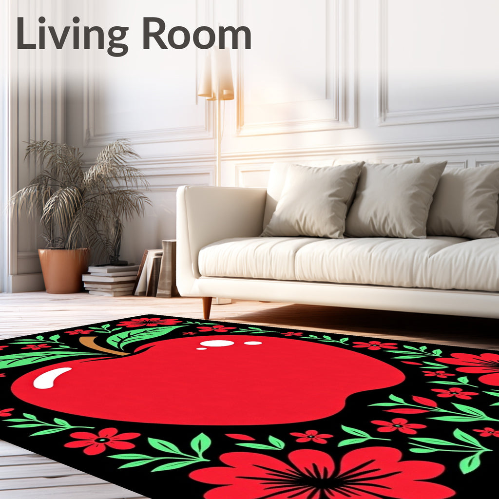 Red Apple Folk Art Floral Border Rug