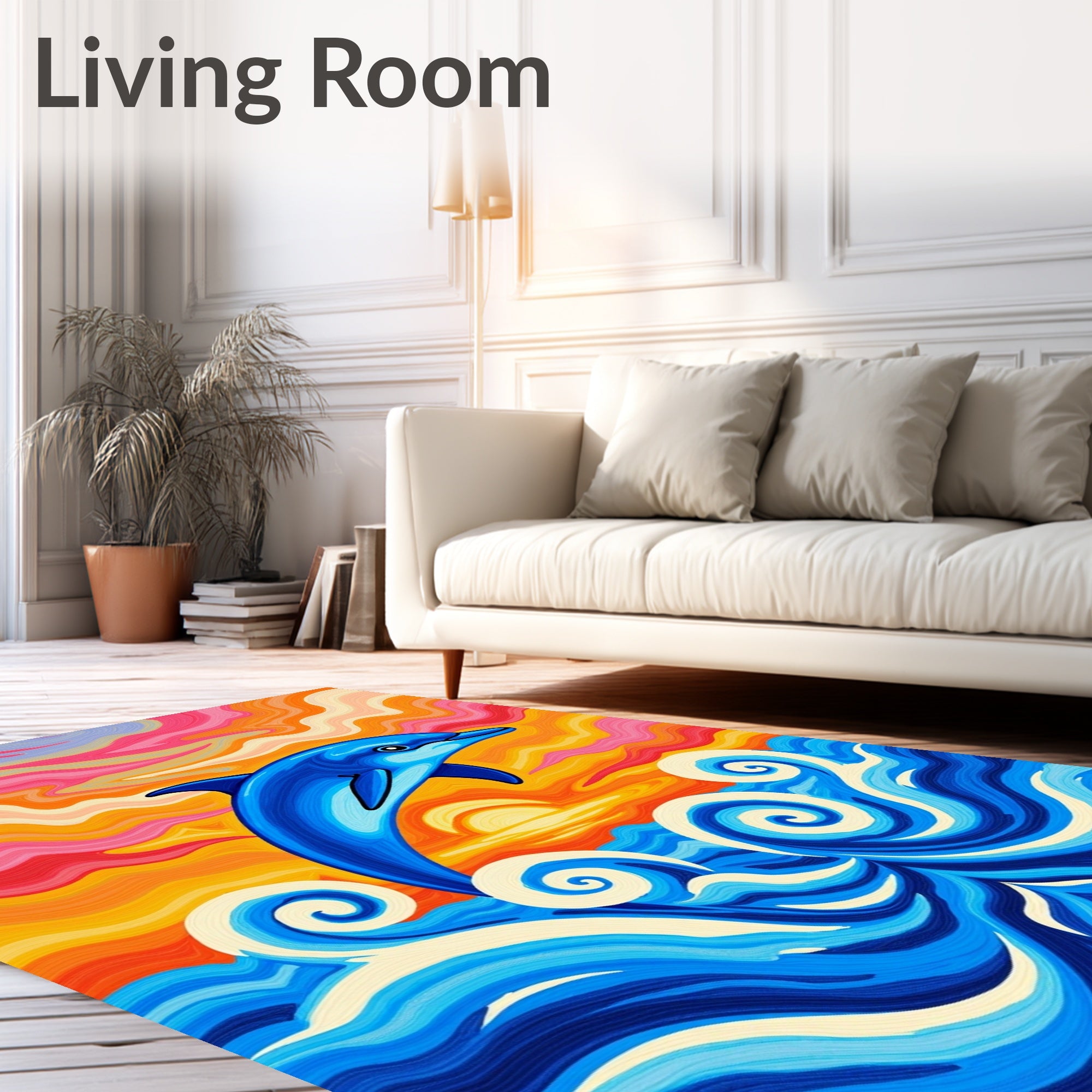 Vibrant Blue Dolphin Sunset Wave Rug