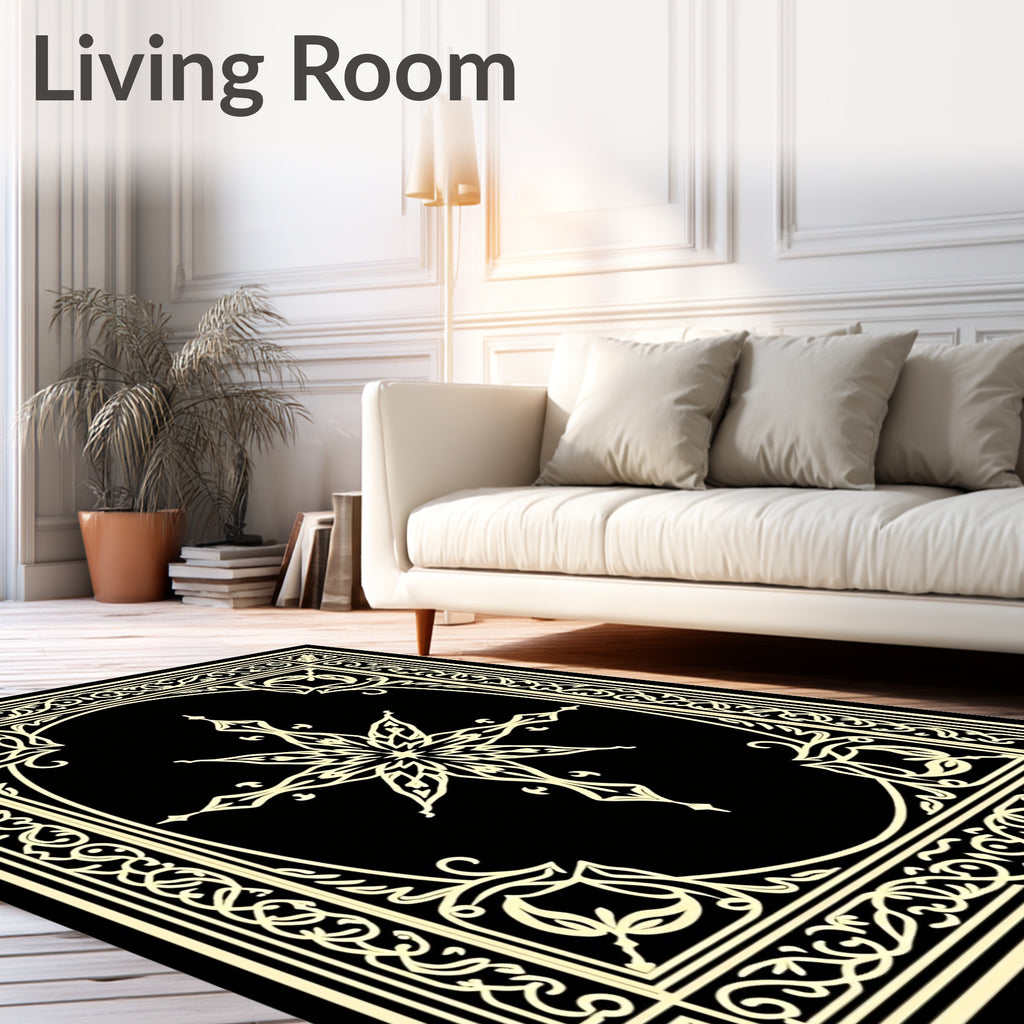 Elegant Ivory Black Floral Medallion Rug