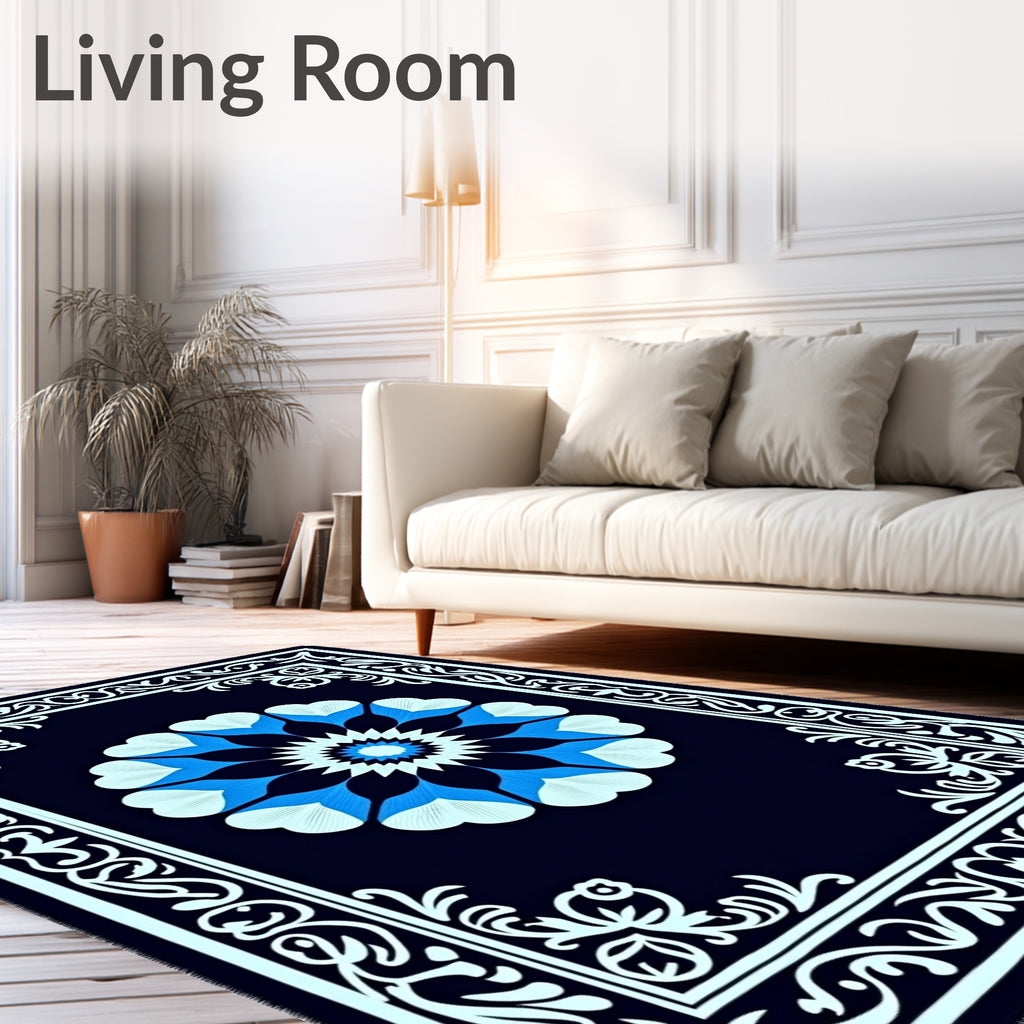 Navy Blue Bloom Medallion Border Rug