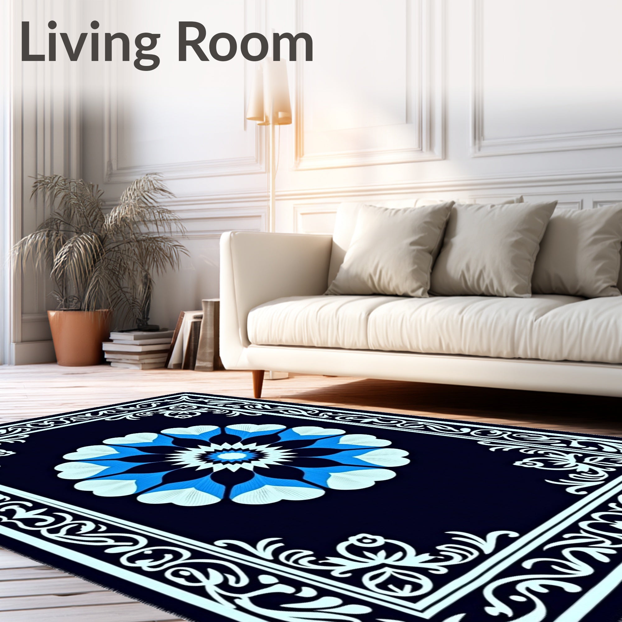 Navy Blue Bloom Medallion Border Rug