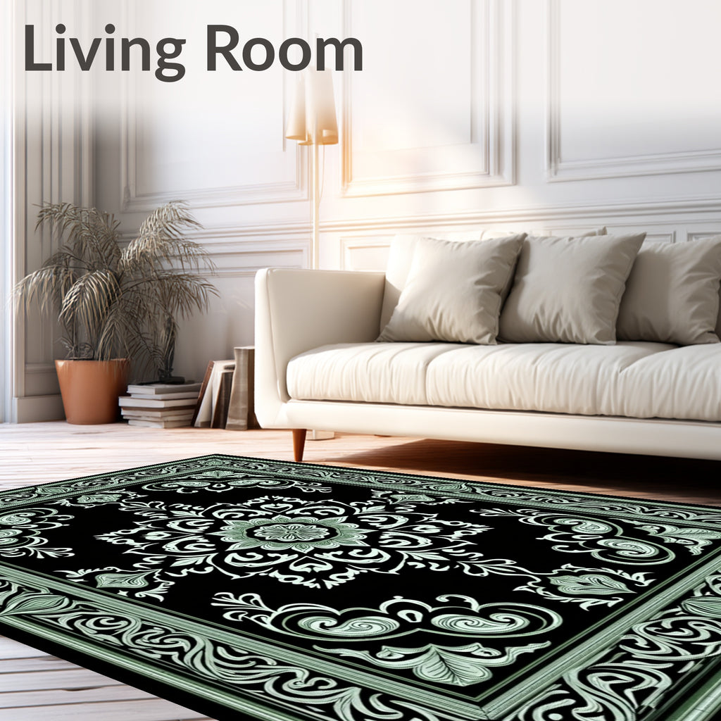 Black Mint Floral Medallion Frame Rug