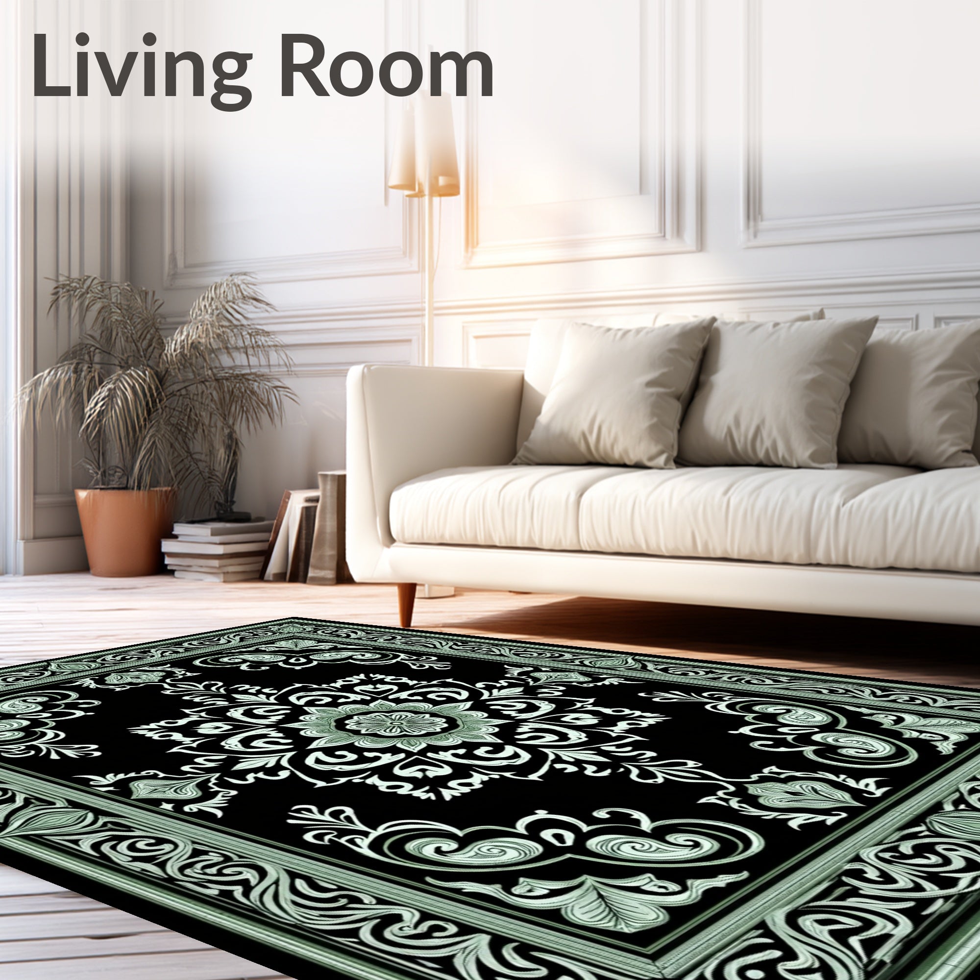 Black Mint Floral Medallion Frame Rug