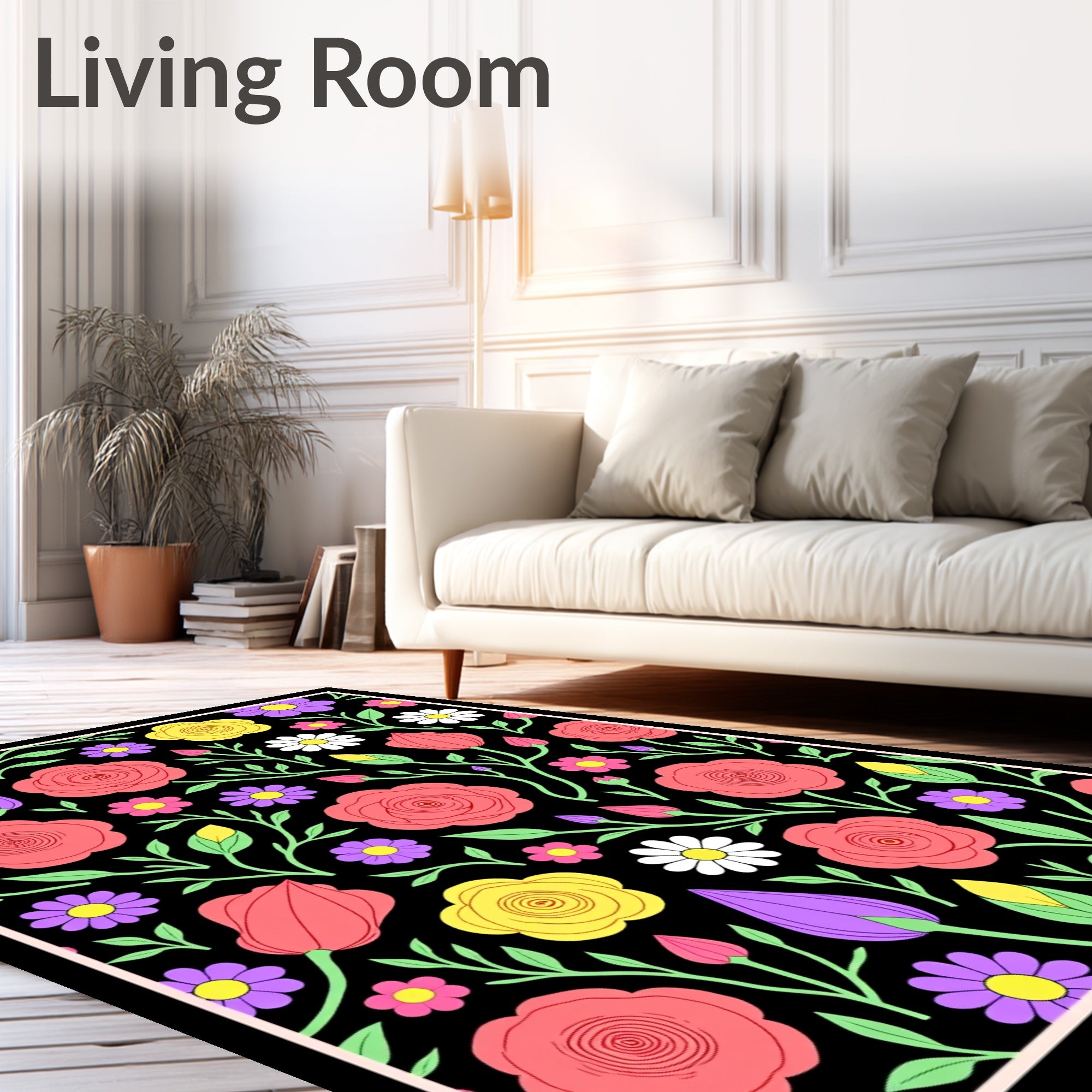 Whimsical Pink Rose Garden Illustration Rug