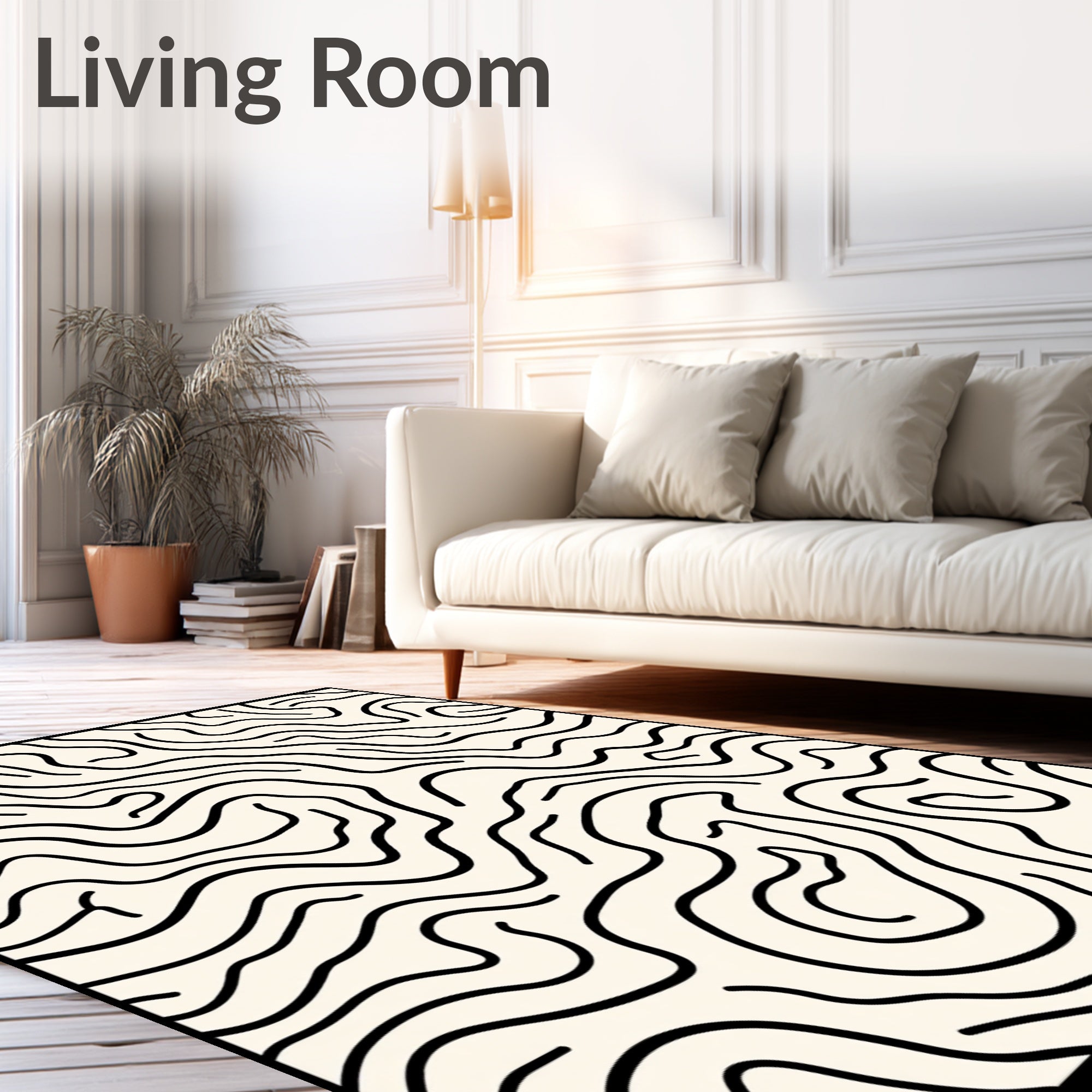 Cream Black Wavy Line Topography Rug