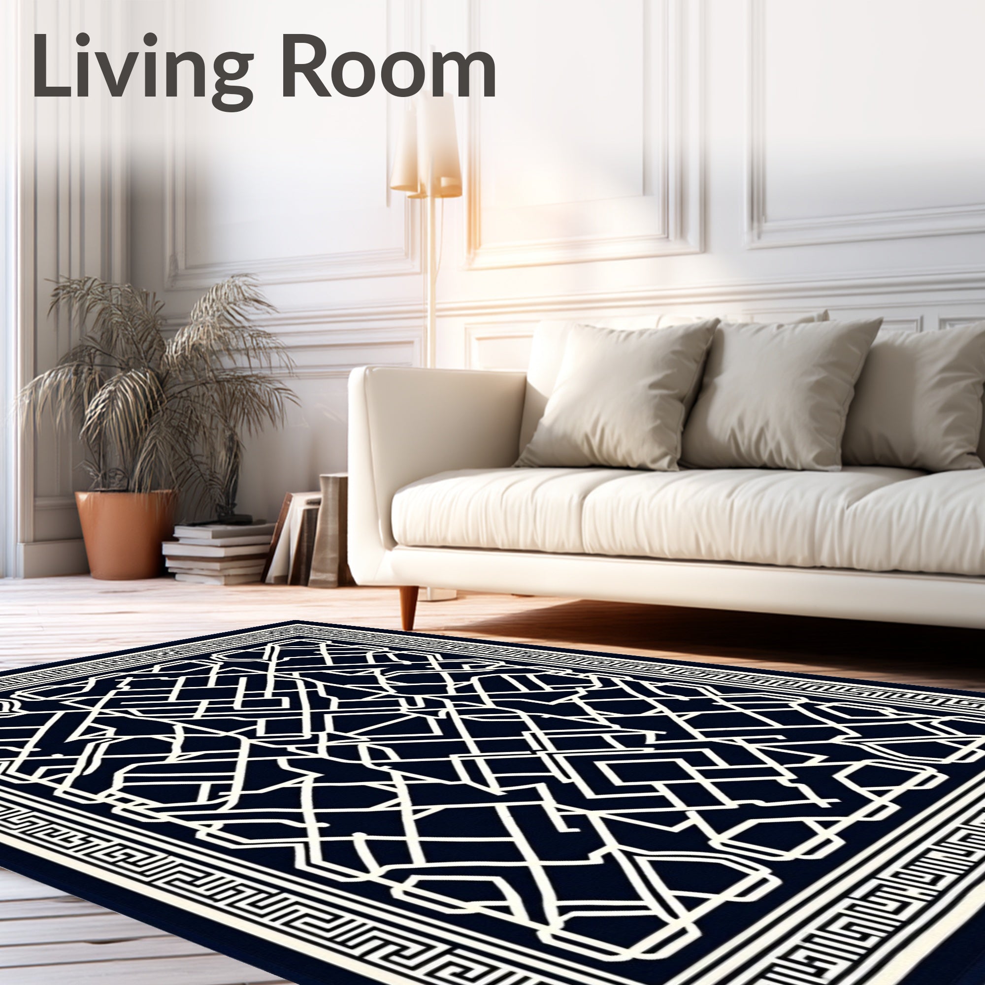 Navy White Interlocking Geometric Statement Rug