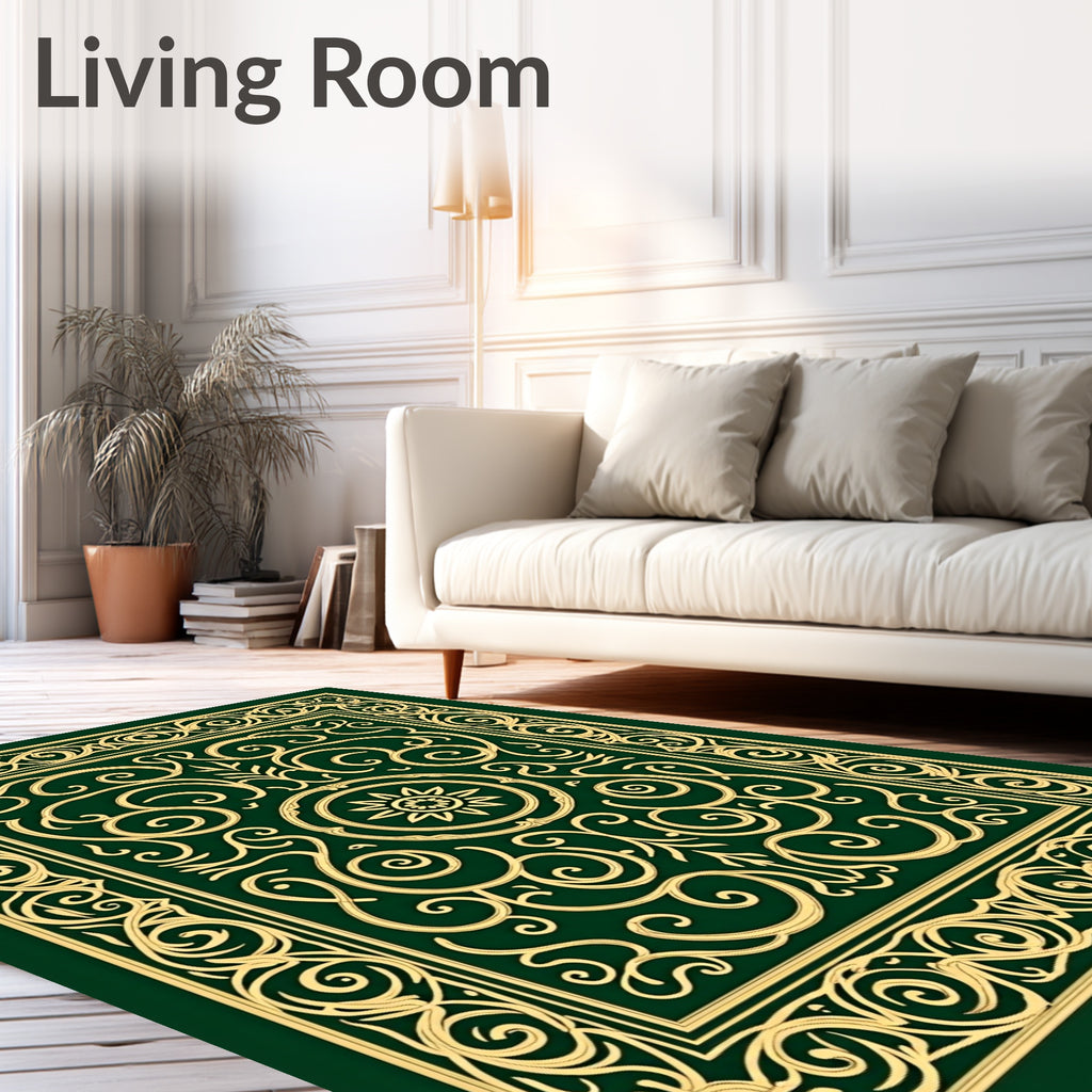 Ornate Green Gold Laurel Scrollwork Rug