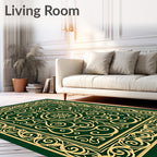 Ornate Green Gold Laurel Scrollwork Rug