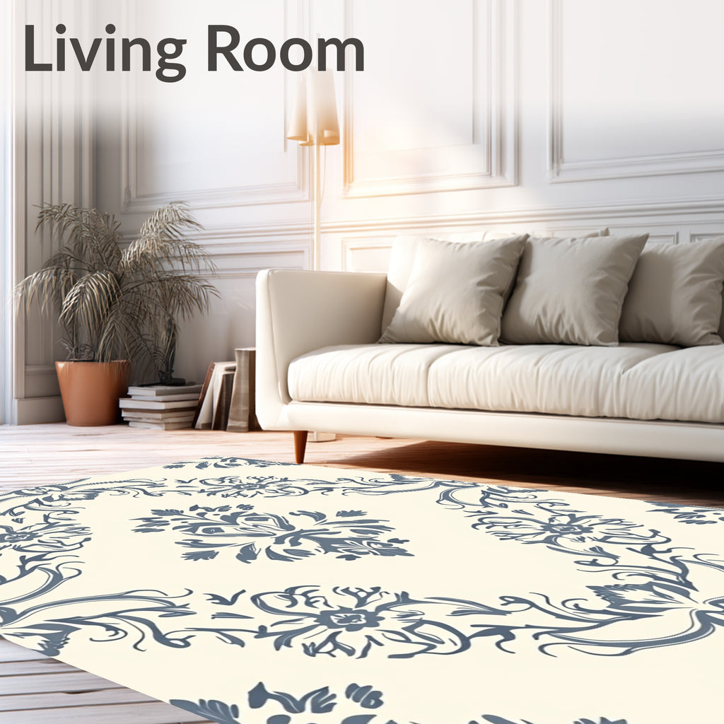 Cream And Navy Damask Medallion Rug