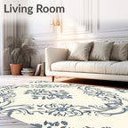 Cream And Navy Damask Medallion Rug