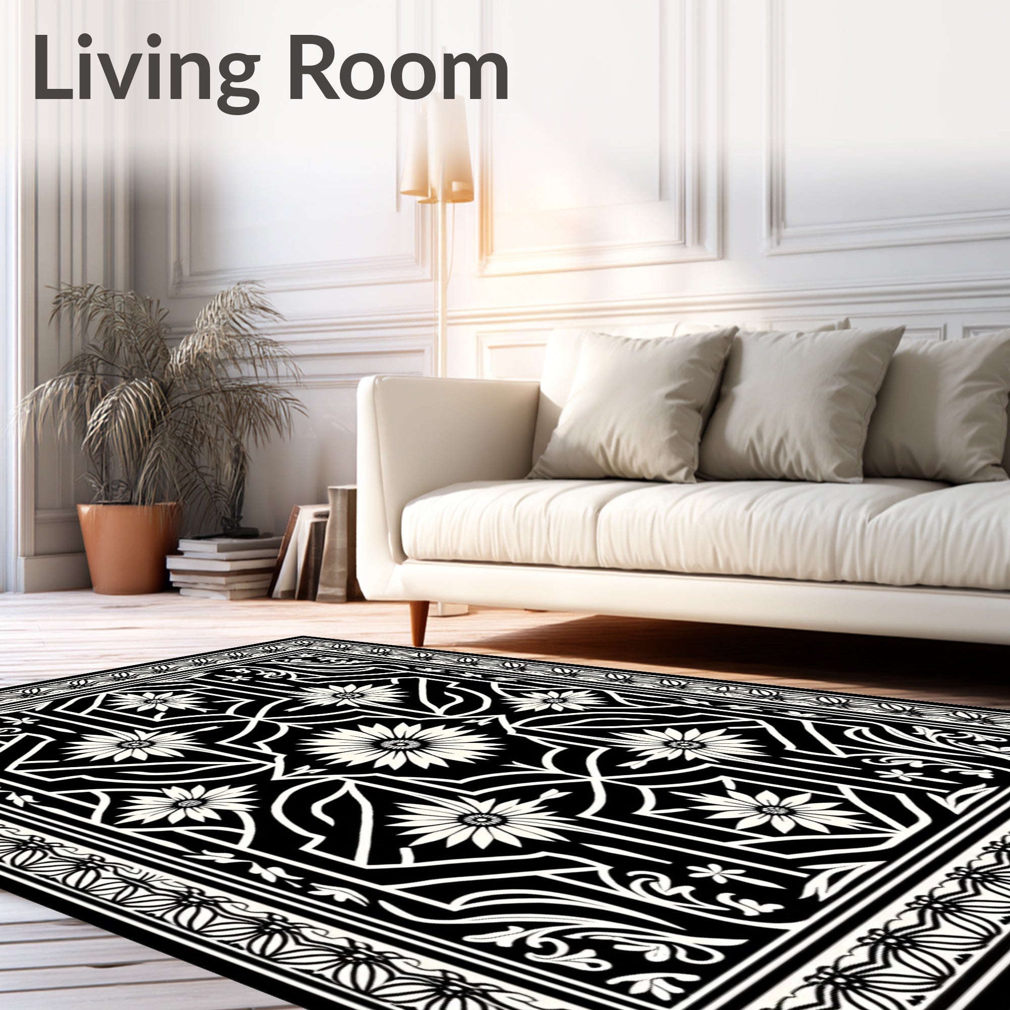 Black White Floral Geometric Op Art Rug