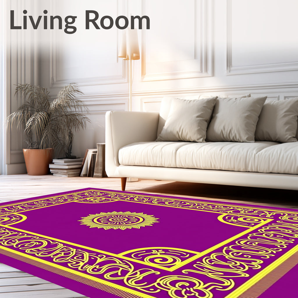 Vibrant Yellow Floral Medallion Purple Border Rug