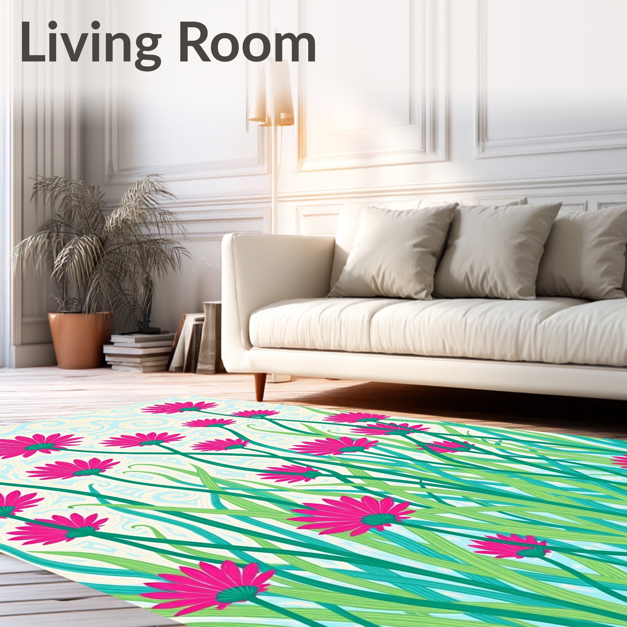 Bright Pink Daisy Field Swirls Rug
