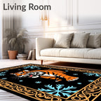 Fierce Orange Tiger Blue Snowflakes Border Rug