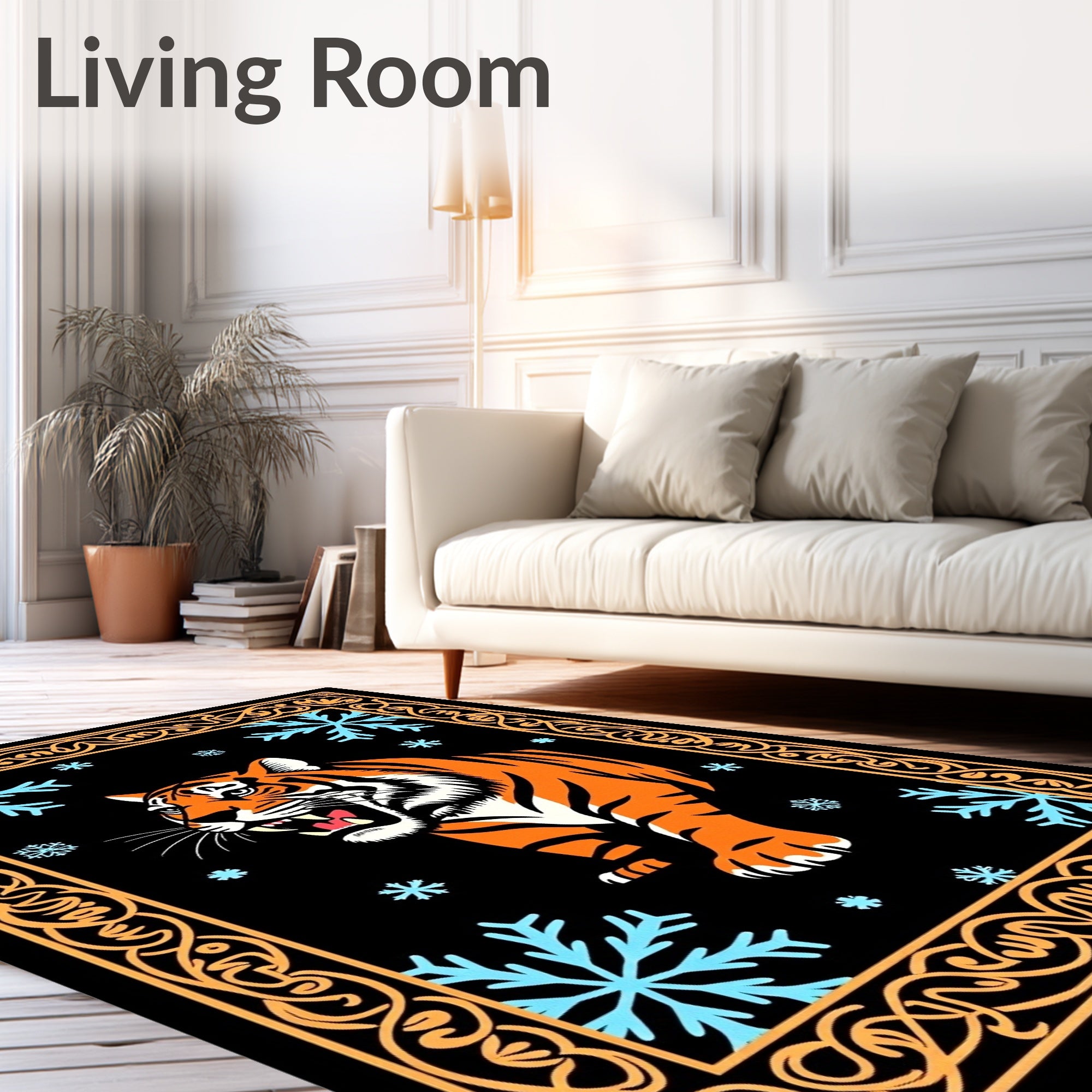 Fierce Orange Tiger Blue Snowflakes Border Rug