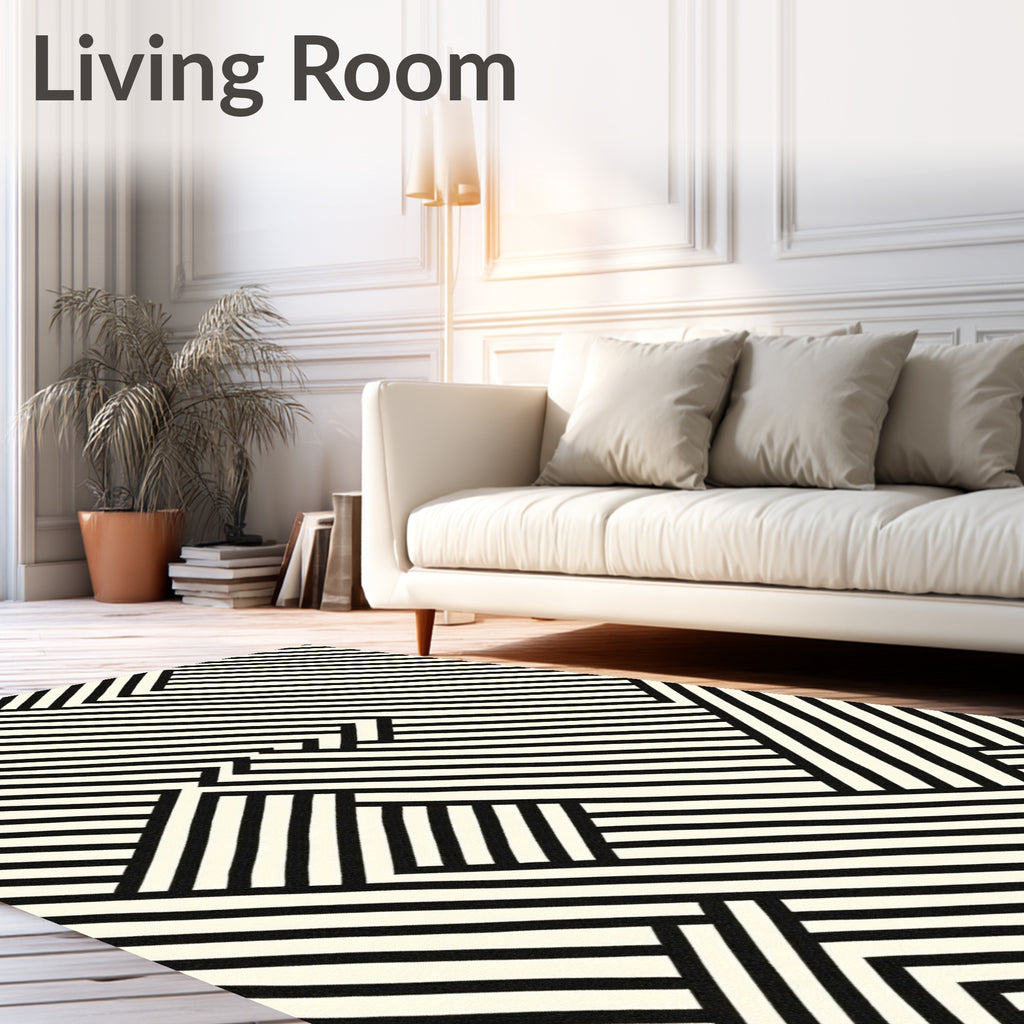 Black White Intersecting Stripe Geometric Rug