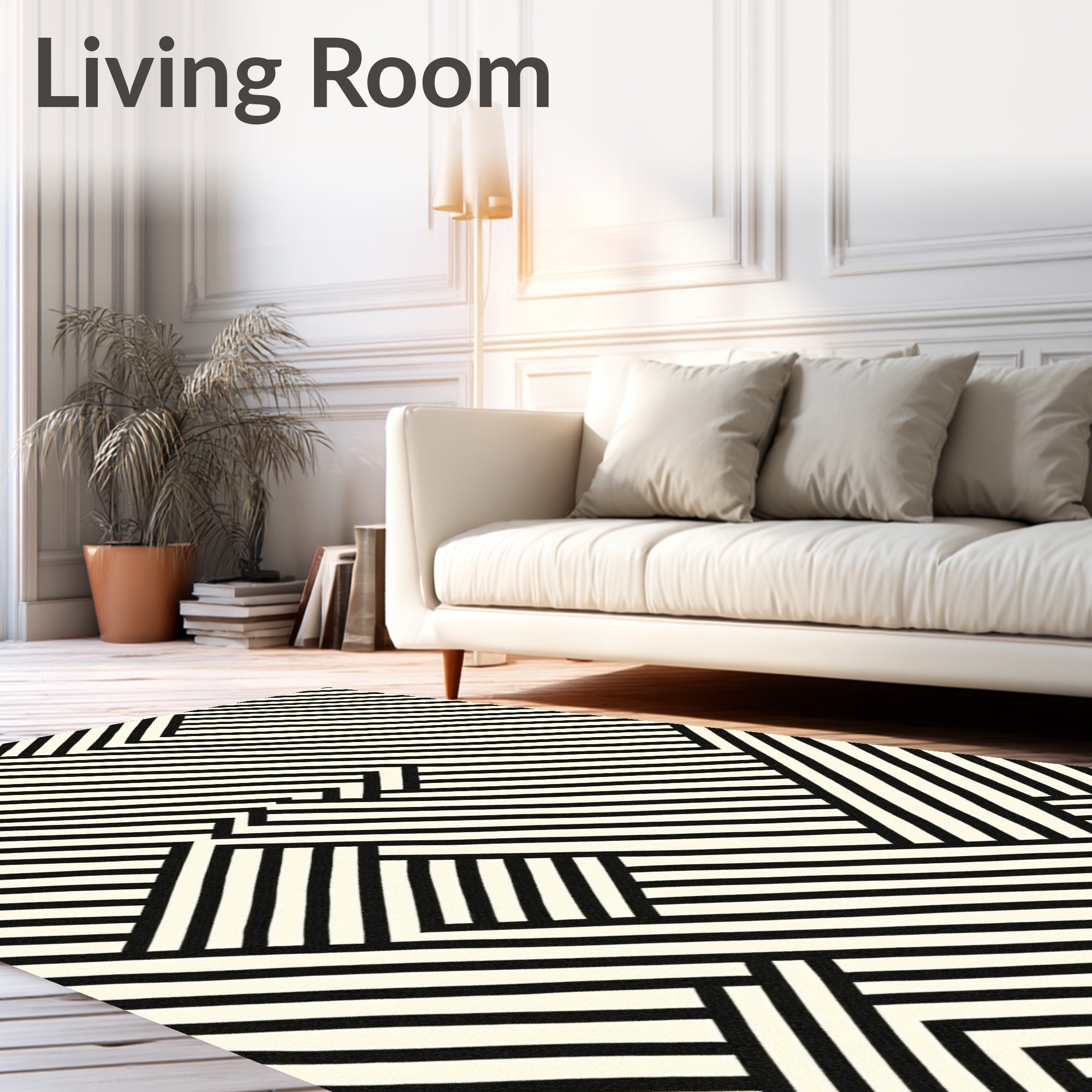 Black White Intersecting Stripe Geometric Rug