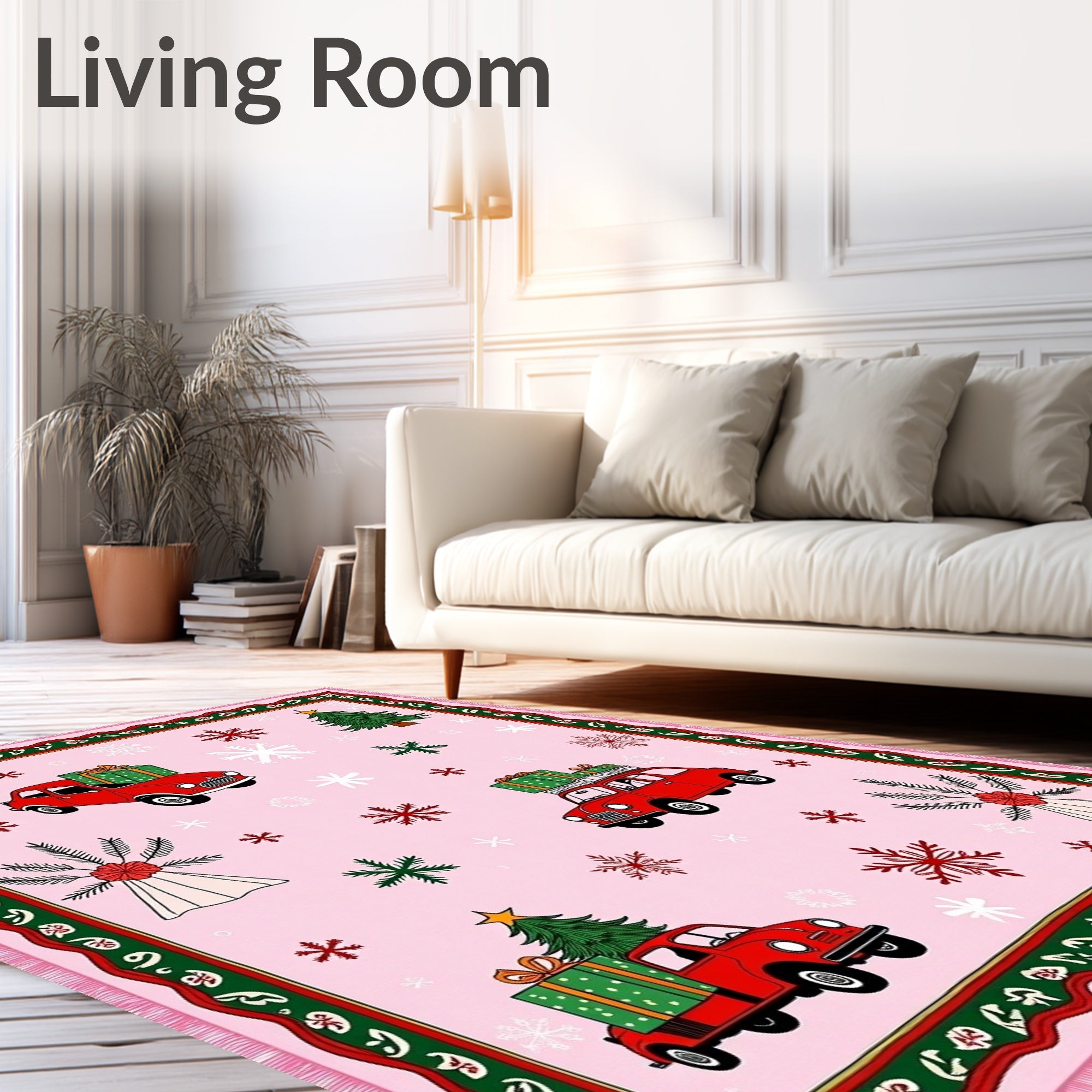 Red Cars Christmas Tree Snowflakes Pink Rug