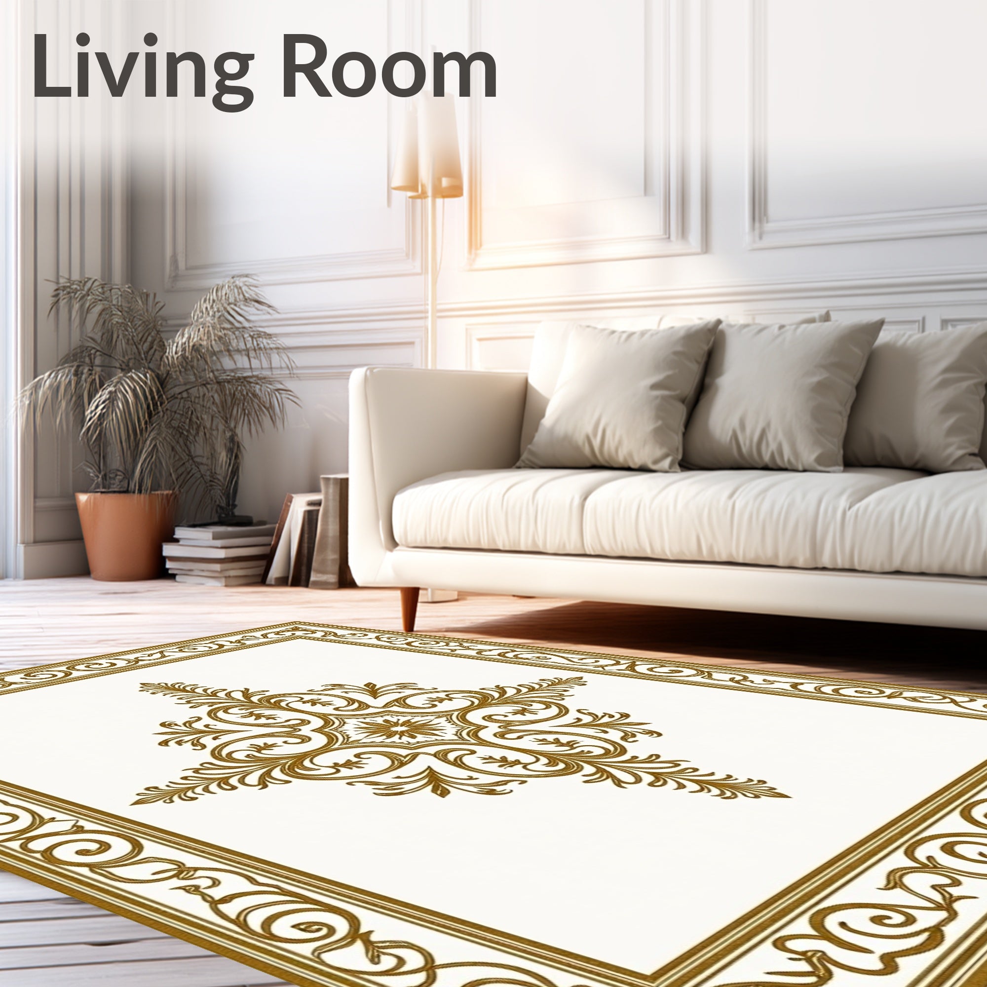 Elegant Gold Scrollwork Medallion Frame Rug