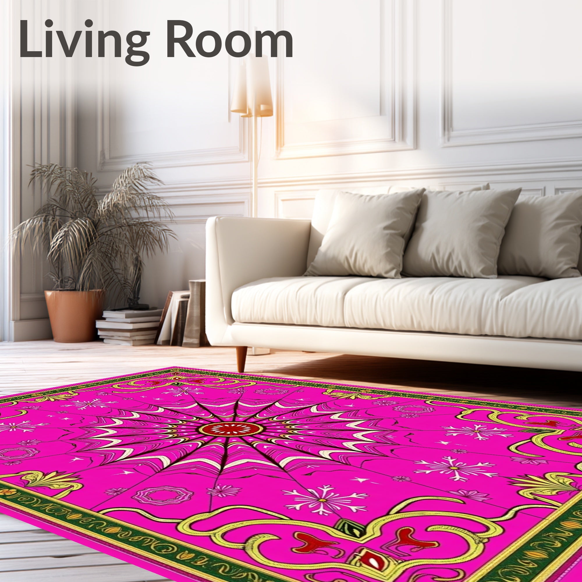 Vibrant Pink Sunburst Medallion Bordered Rug