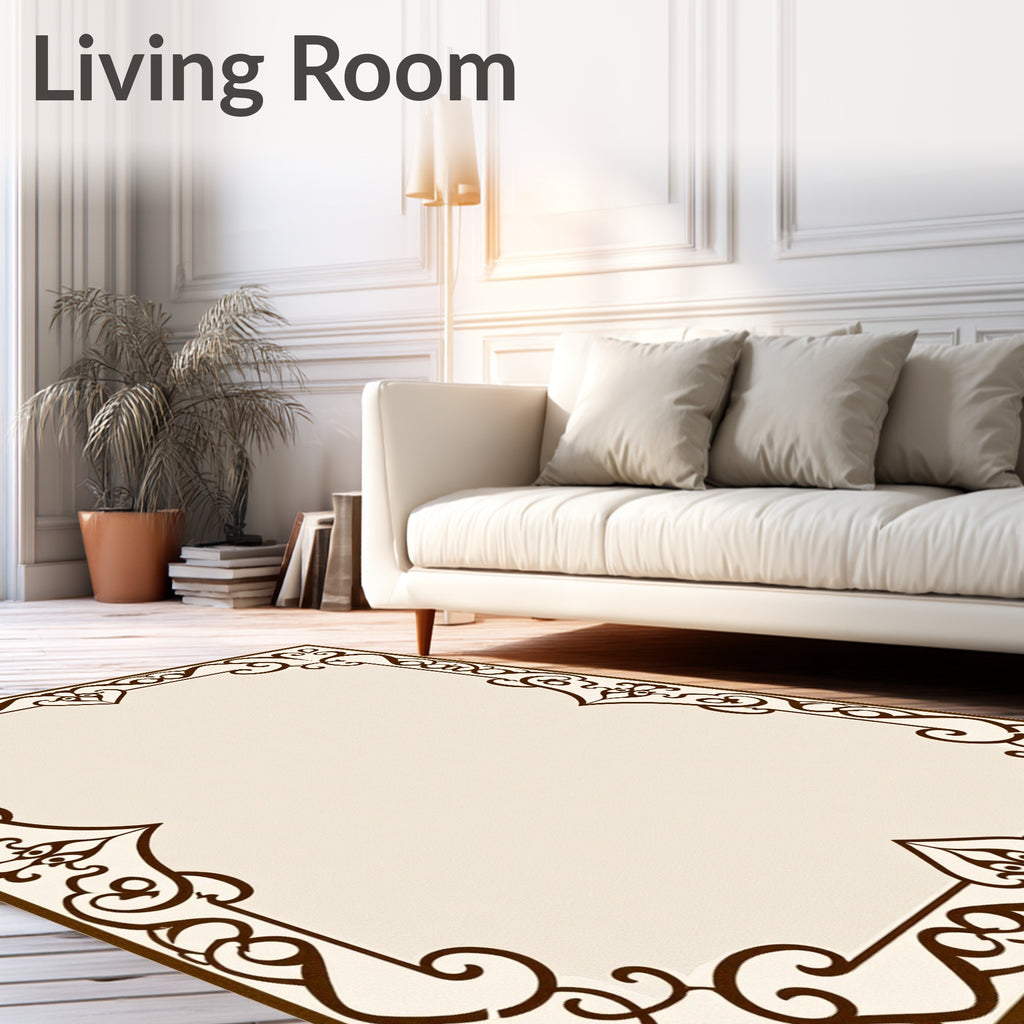 Ornate Cream Brown Scrollwork Border Rug