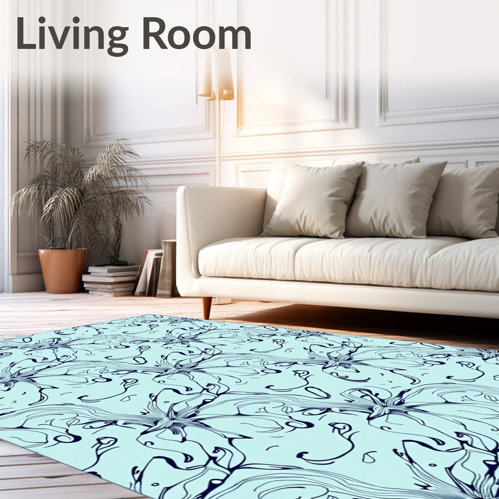Pale Blue Dark Line Floral Swirl Rug