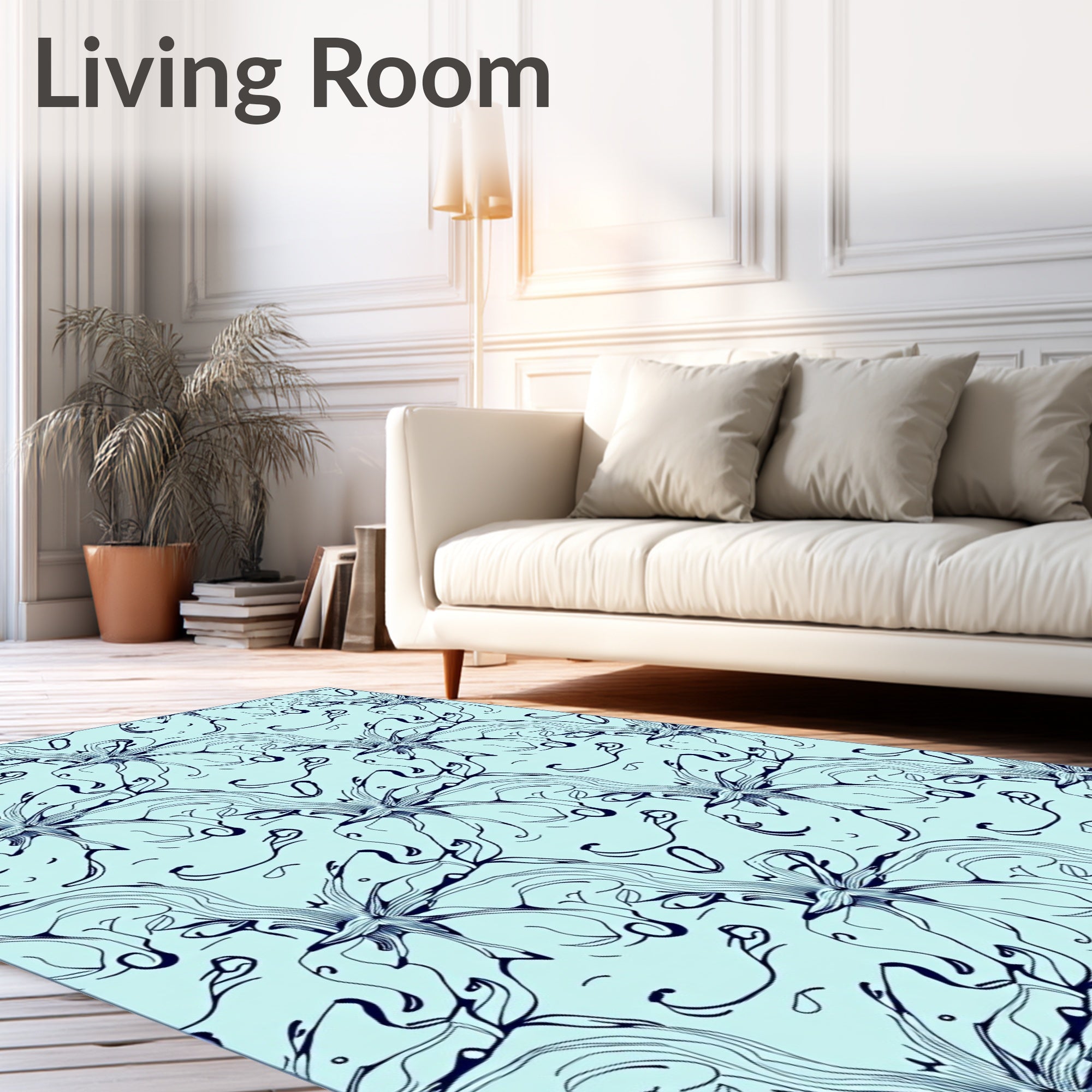 Pale Blue Dark Line Floral Swirl Rug