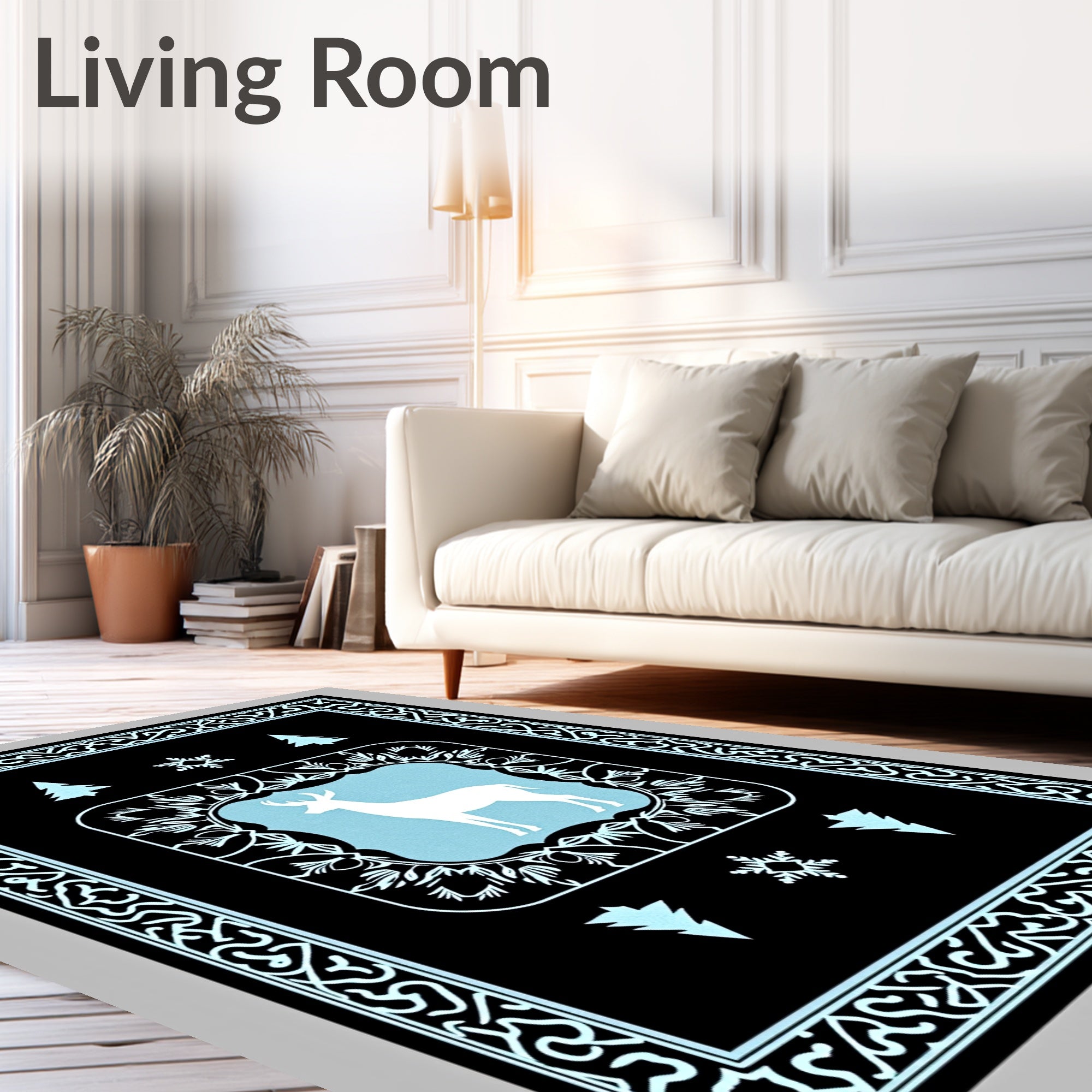 Winter White Deer Light Blue Frame Rug